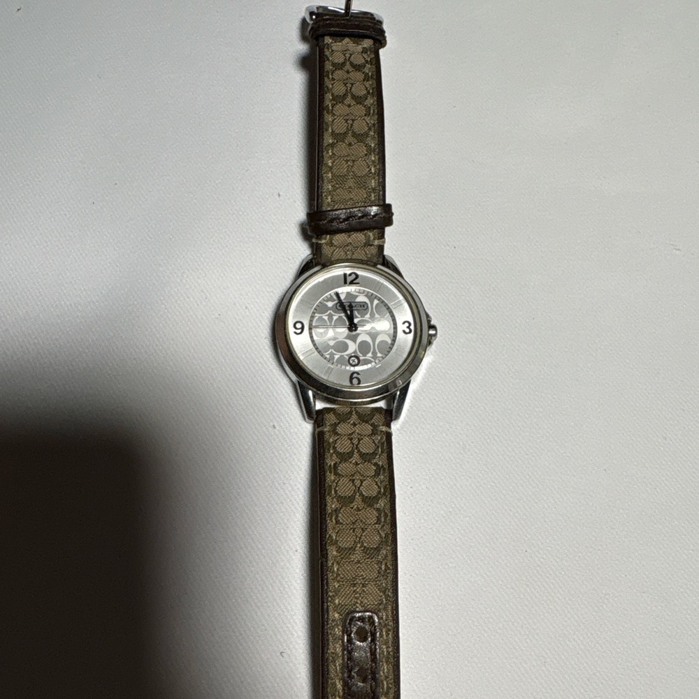Coach Silver-Dial Watch with Brown Signature Canvas Strap
